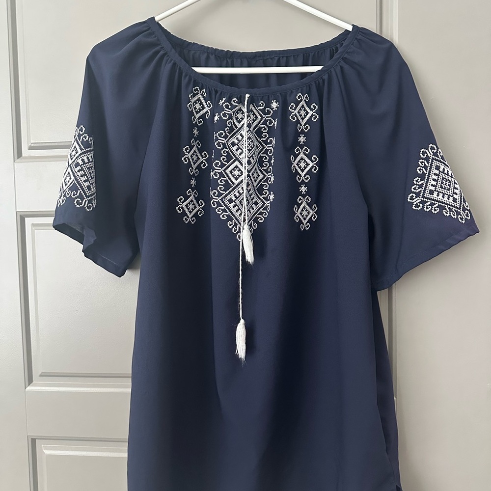 Navy Blue Embroidered Women's Top